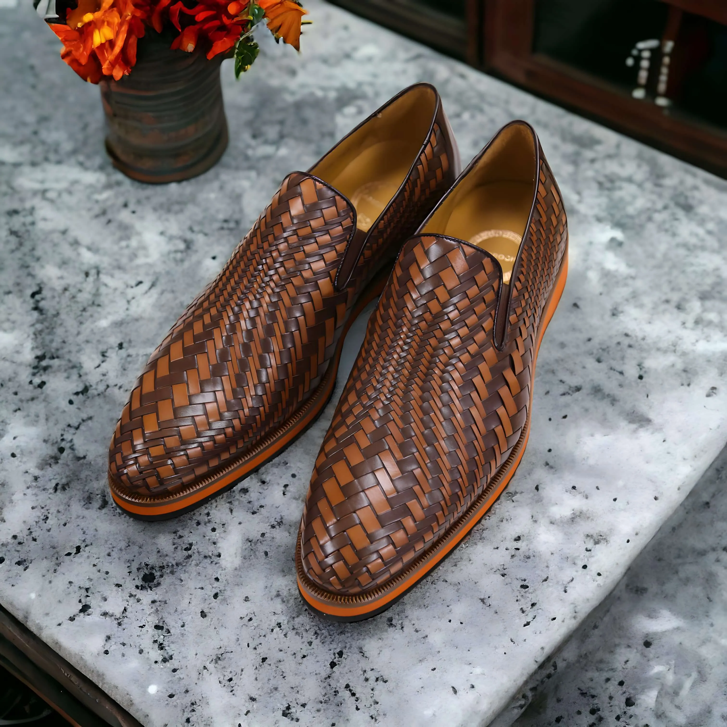 Ambrogio by Mezlan Men's Shoes Brown & Cognac Woven Leather Sport Loafers (AMZ1016)