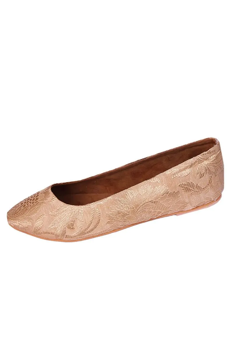 Beige Pointed Toe Brocade Ballerina Flats