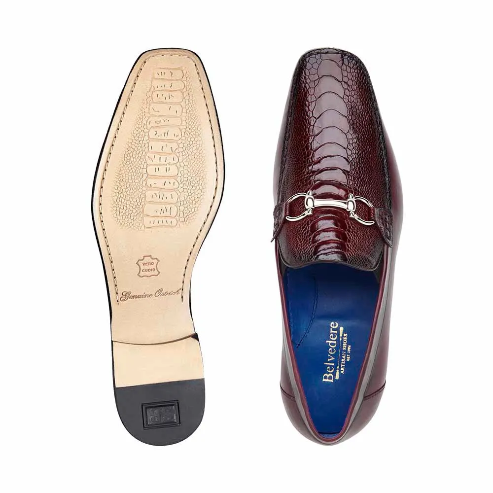 Belvedere Bruno Men's Split-Toe Burgundy Ostrich Horsebit Loafers