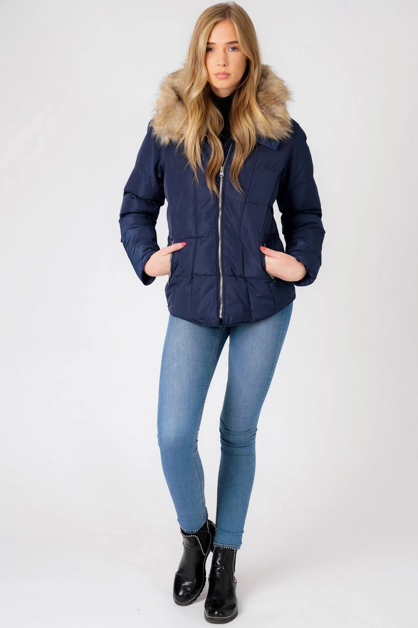 Bertie Funnel Neck Quilted Puffer Jacket With Detachable Fur Trim In Peacoat Blue - Tokyo Laundry