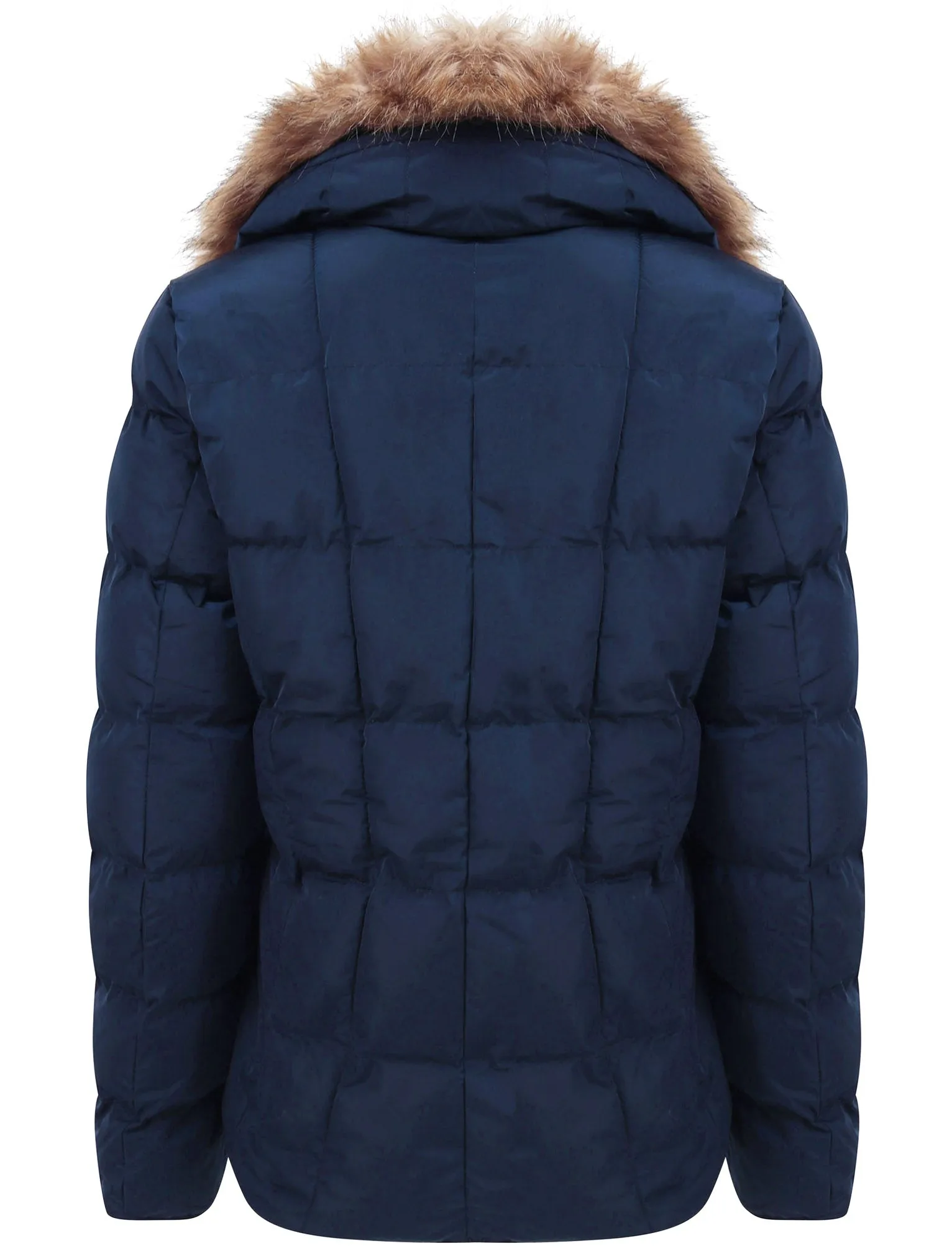 Bertie Funnel Neck Quilted Puffer Jacket With Detachable Fur Trim In Peacoat Blue - Tokyo Laundry