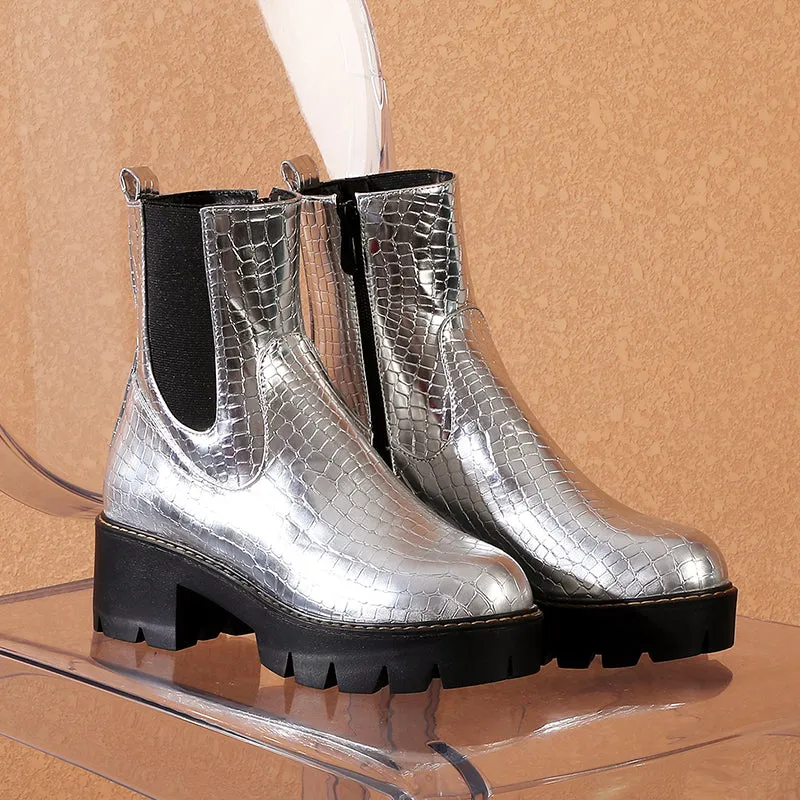 Bigsizeheels Street side zipper big head Martin boots - Silver