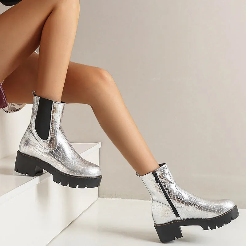 Bigsizeheels Street side zipper big head Martin boots - Silver