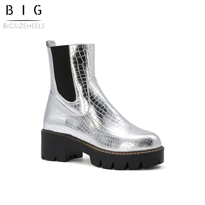 Bigsizeheels Street side zipper big head Martin boots - Silver