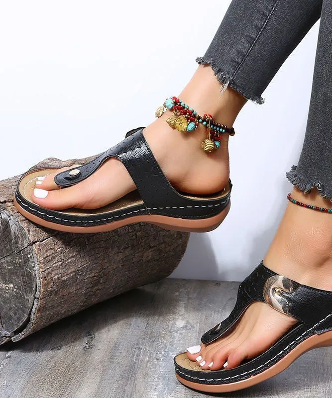 Black Sequined Rivet Splicing Beach Wedge Thong Sandals LY2693