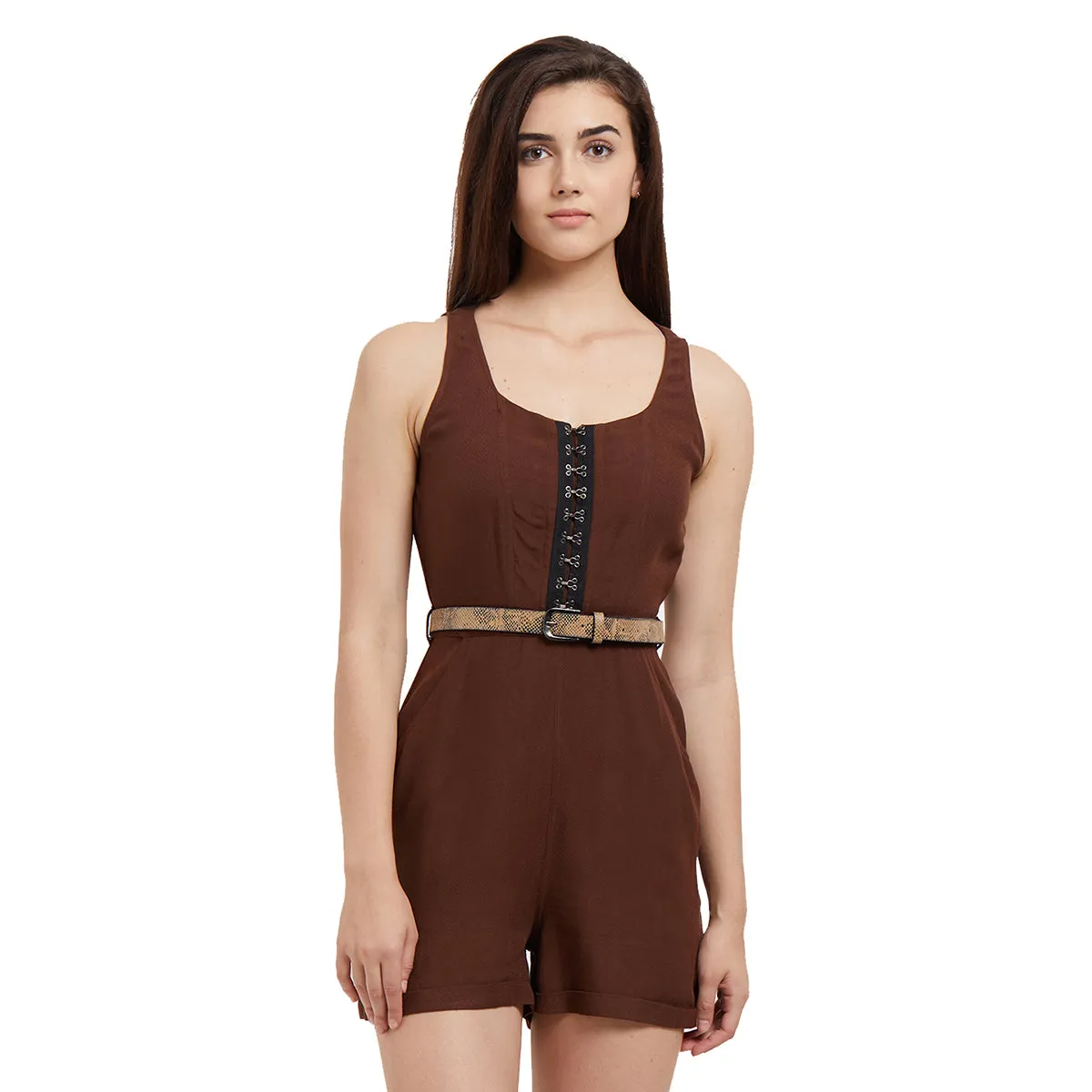 Brown Short Jumpsuit with Belt