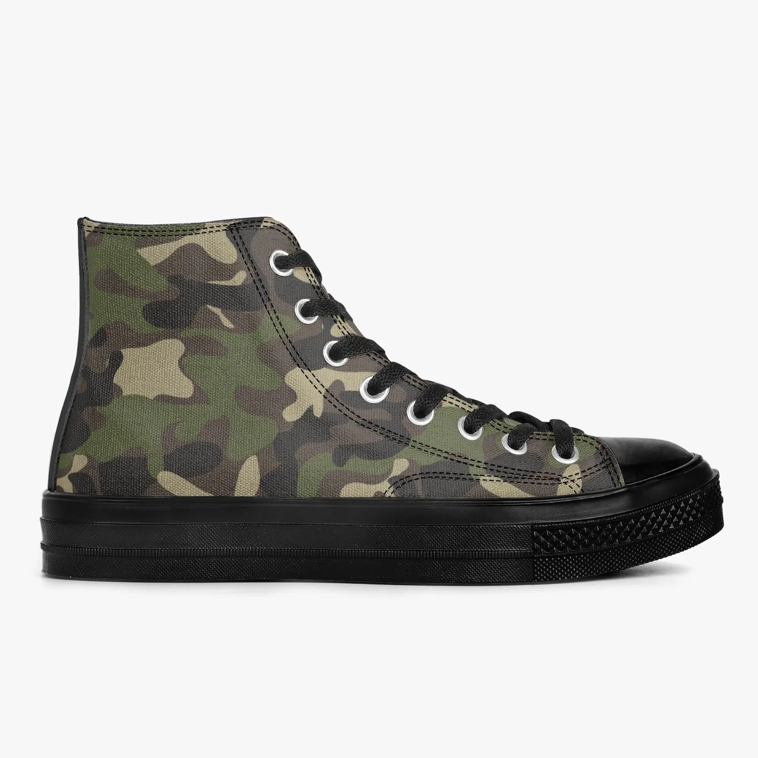 Camo High Top Shoes, Green Camouflage Black Lace Up Sneakers Footwear Rave Canvas Streatwear Designer Men Women Gift Idea