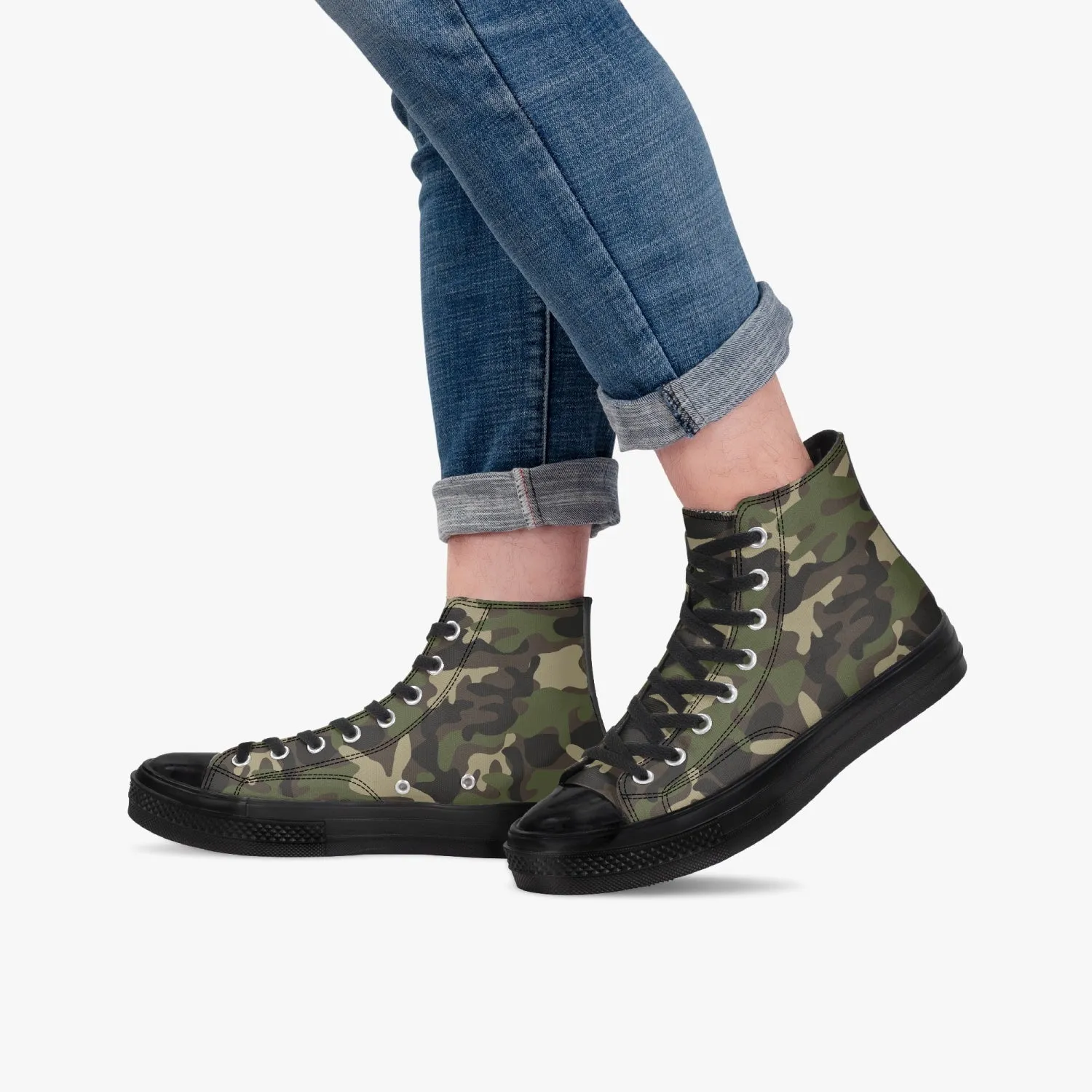 Camo High Top Shoes, Green Camouflage Black Lace Up Sneakers Footwear Rave Canvas Streatwear Designer Men Women Gift Idea