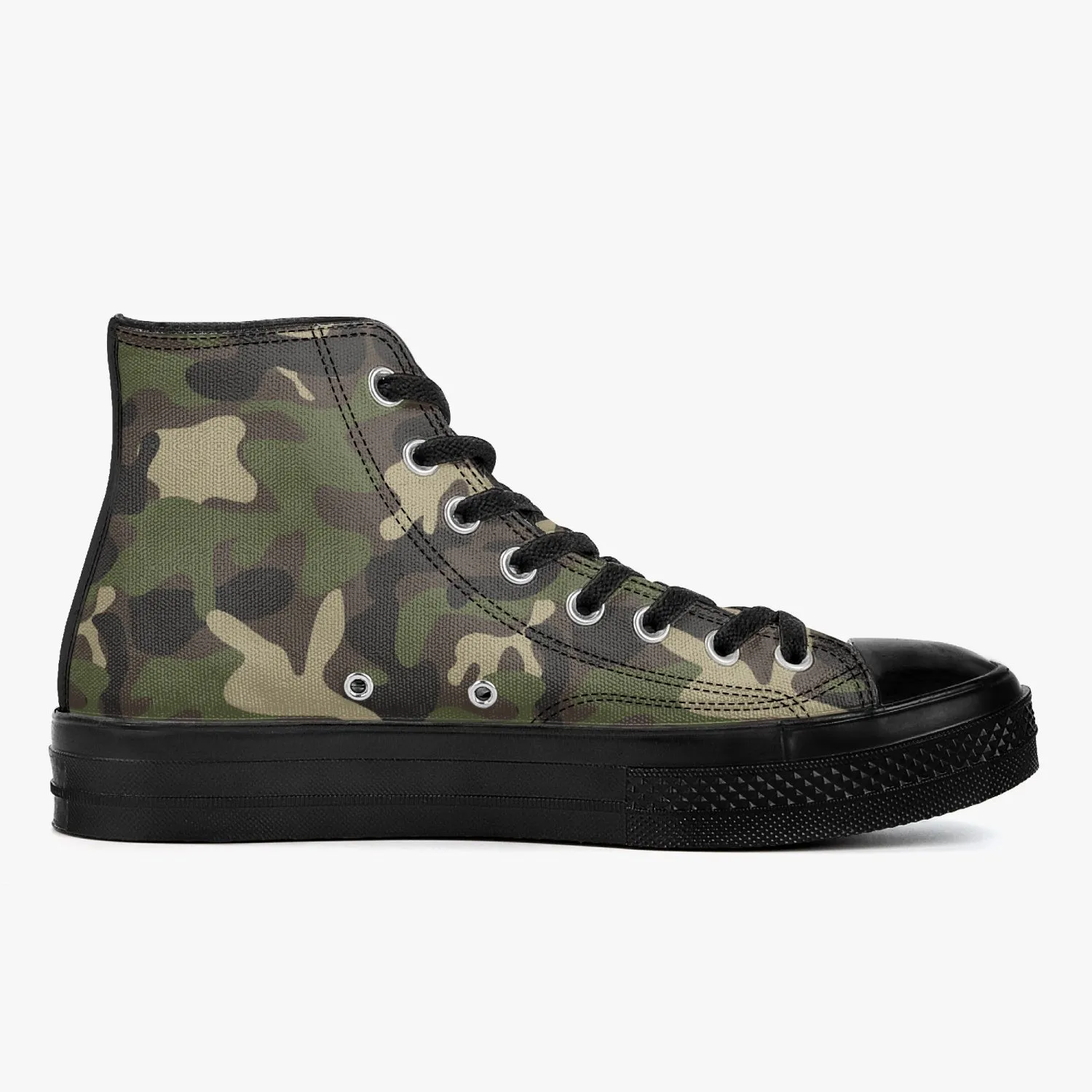 Camo High Top Shoes, Green Camouflage Black Lace Up Sneakers Footwear Rave Canvas Streatwear Designer Men Women Gift Idea