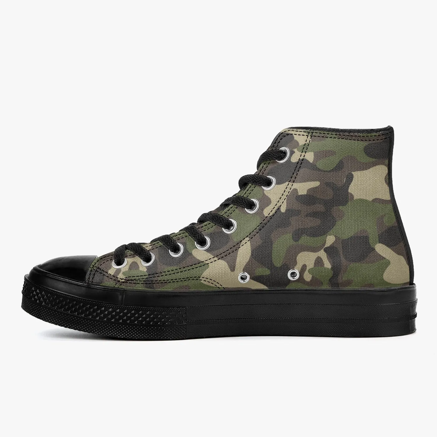 Camo High Top Shoes, Green Camouflage Black Lace Up Sneakers Footwear Rave Canvas Streatwear Designer Men Women Gift Idea