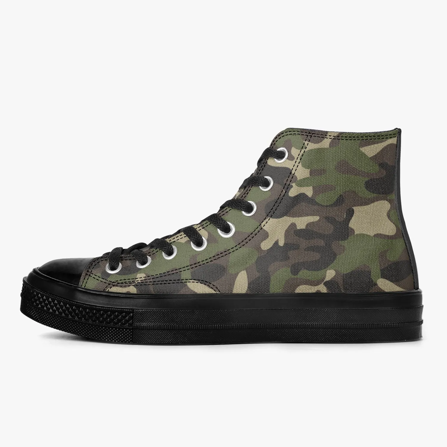 Camo High Top Shoes, Green Camouflage Black Lace Up Sneakers Footwear Rave Canvas Streatwear Designer Men Women Gift Idea