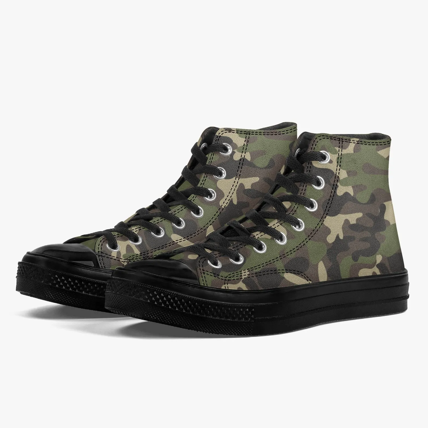 Camo High Top Shoes, Green Camouflage Black Lace Up Sneakers Footwear Rave Canvas Streatwear Designer Men Women Gift Idea