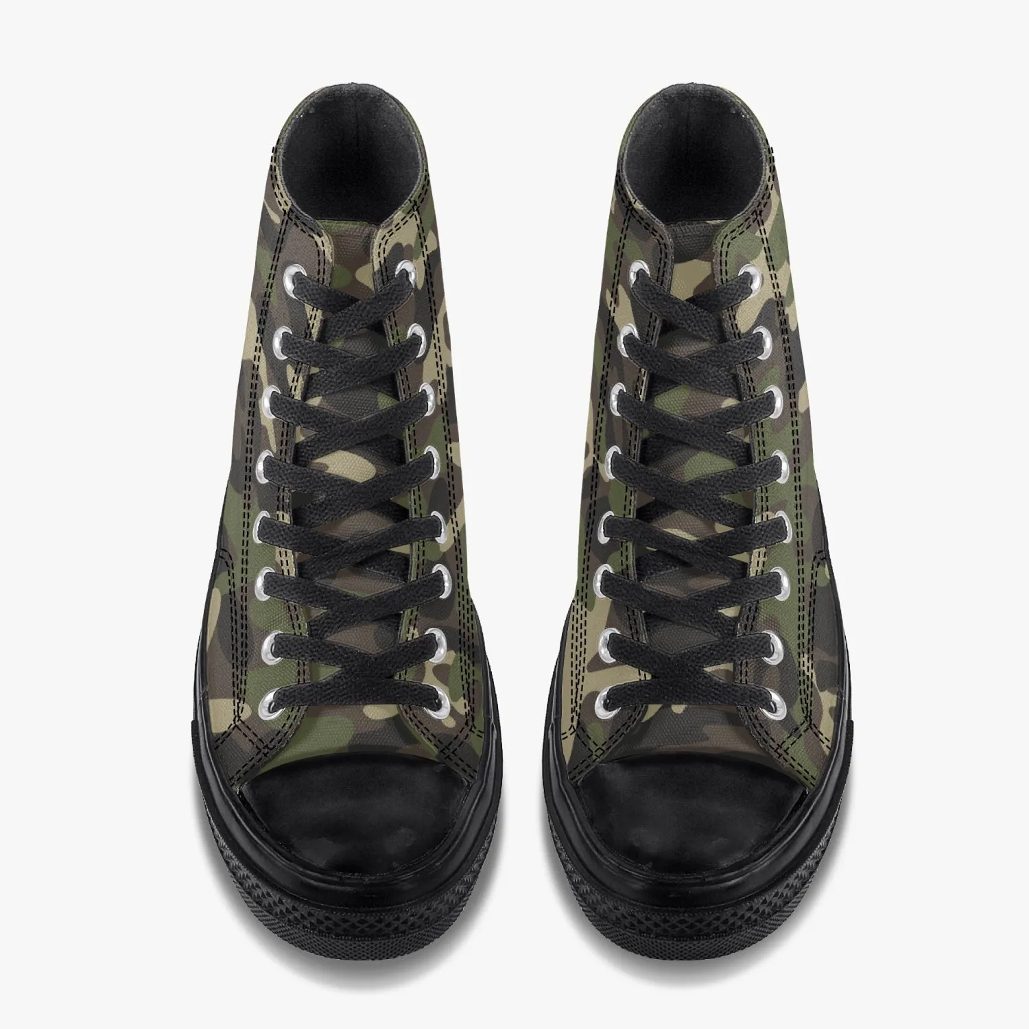 Camo High Top Shoes, Green Camouflage Black Lace Up Sneakers Footwear Rave Canvas Streatwear Designer Men Women Gift Idea