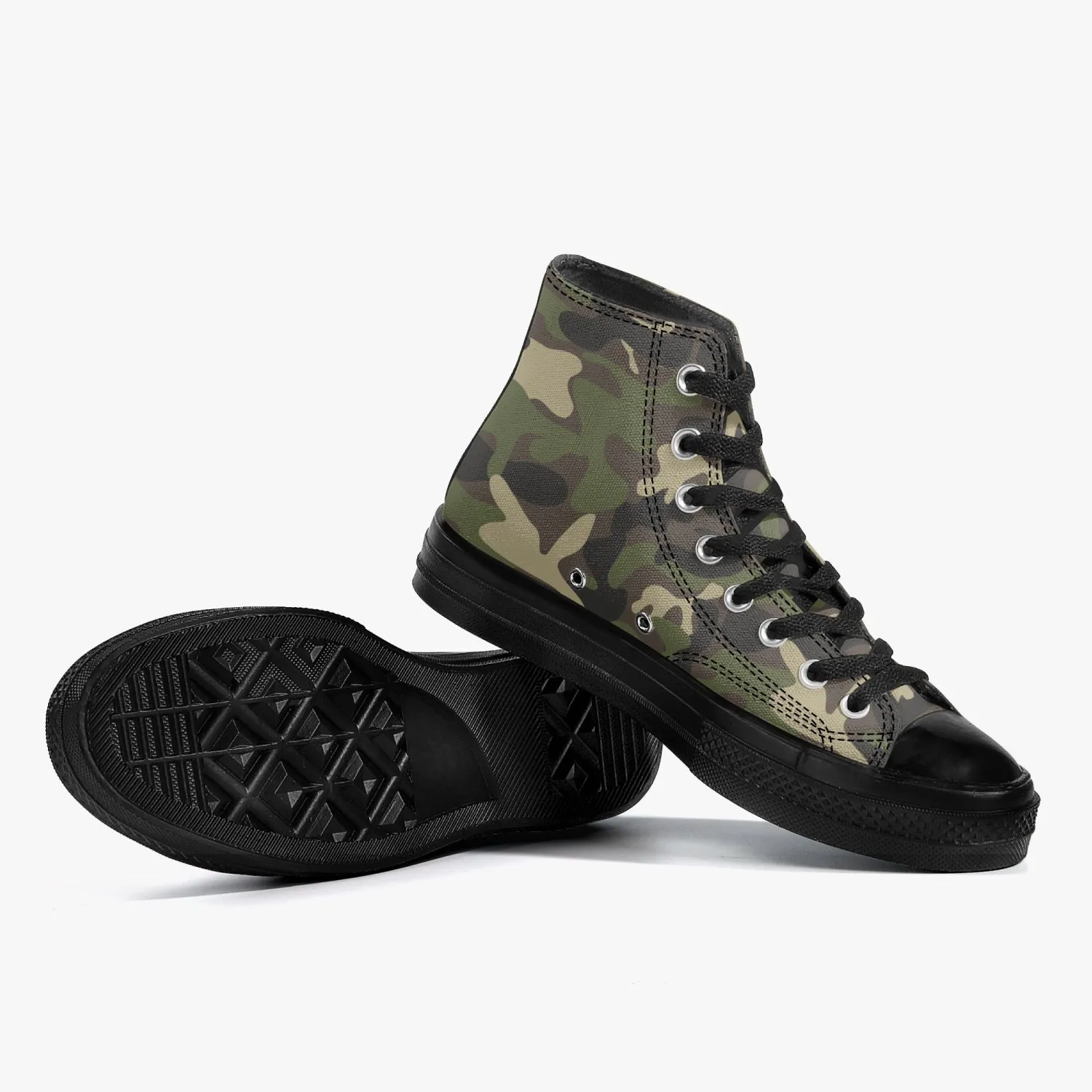 Camo High Top Shoes, Green Camouflage Black Lace Up Sneakers Footwear Rave Canvas Streatwear Designer Men Women Gift Idea