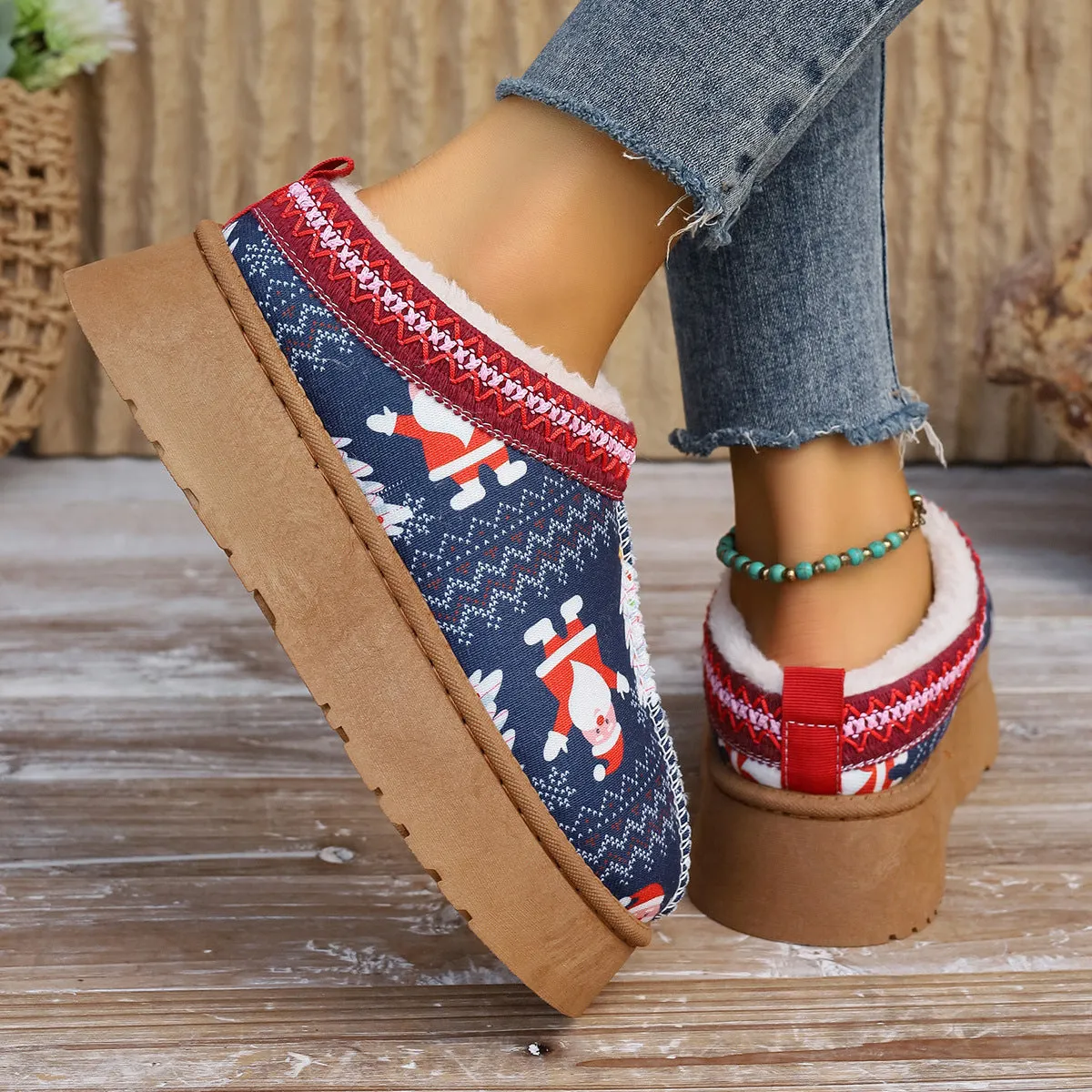 Cartoon Christmas Print Slip On Plush Lined Ankle Boots