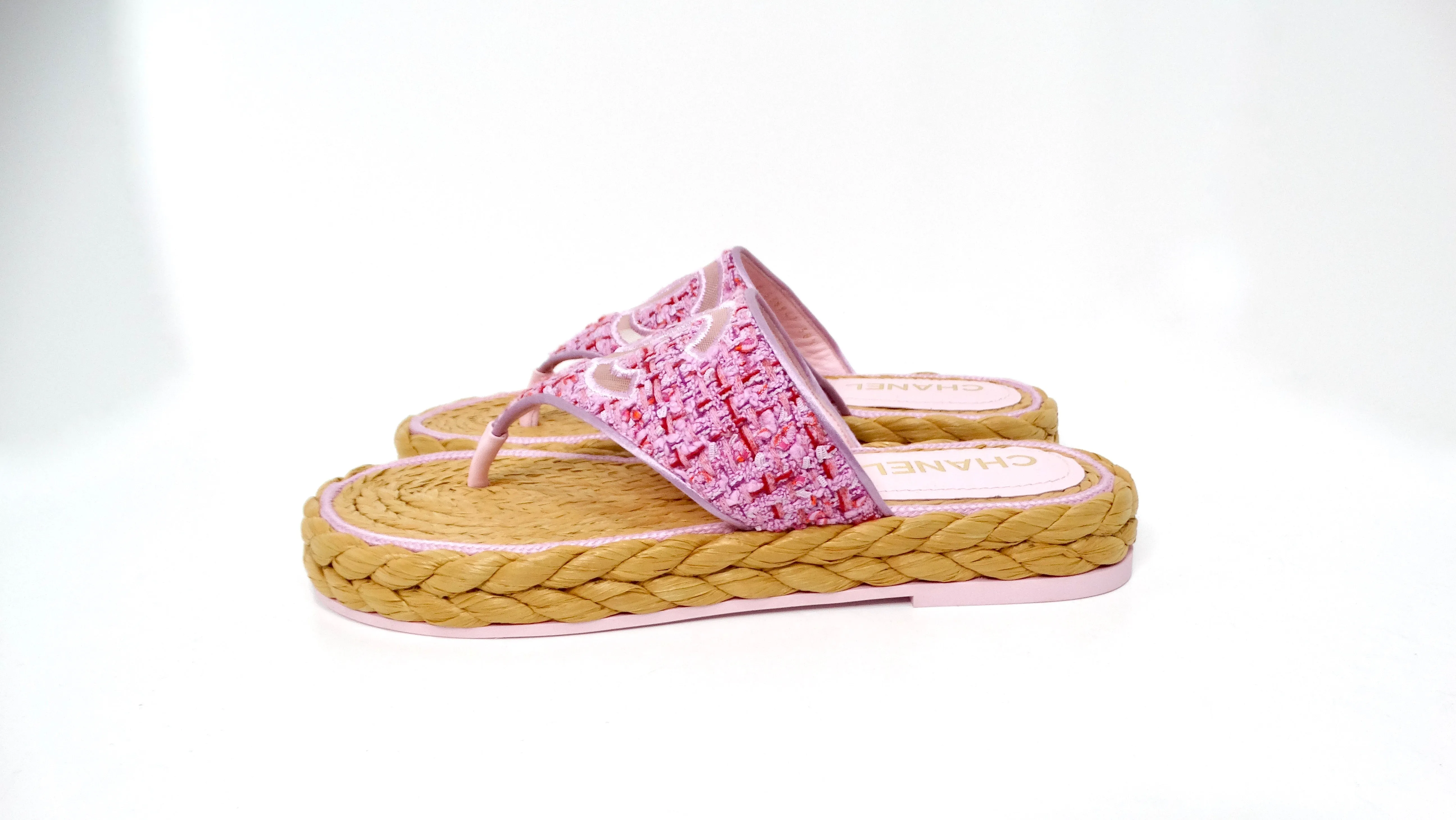 Chanel 2020 Light Purple & Pink Tweed & Mesh Thong Sandals