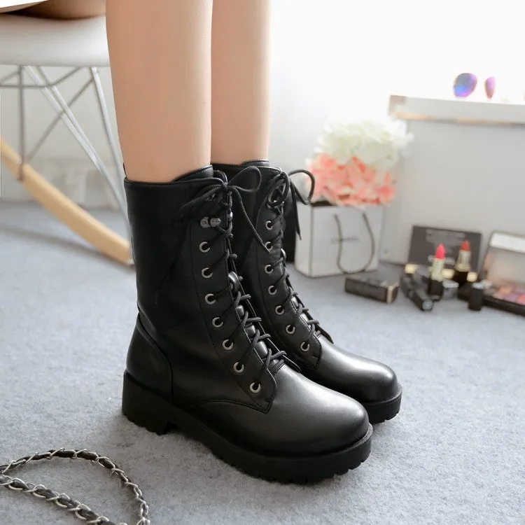 Classic Black Lace Up Flat Short Boots