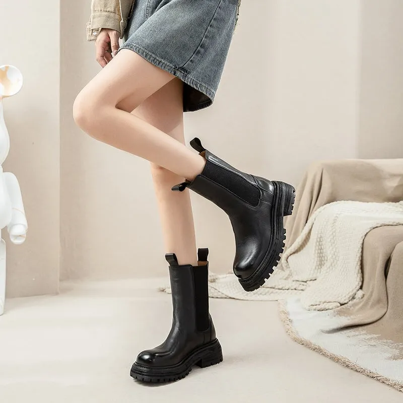 Classic Chunky Chelsea Boots Handmade Genuine Leather Short Boots in Black/Brown