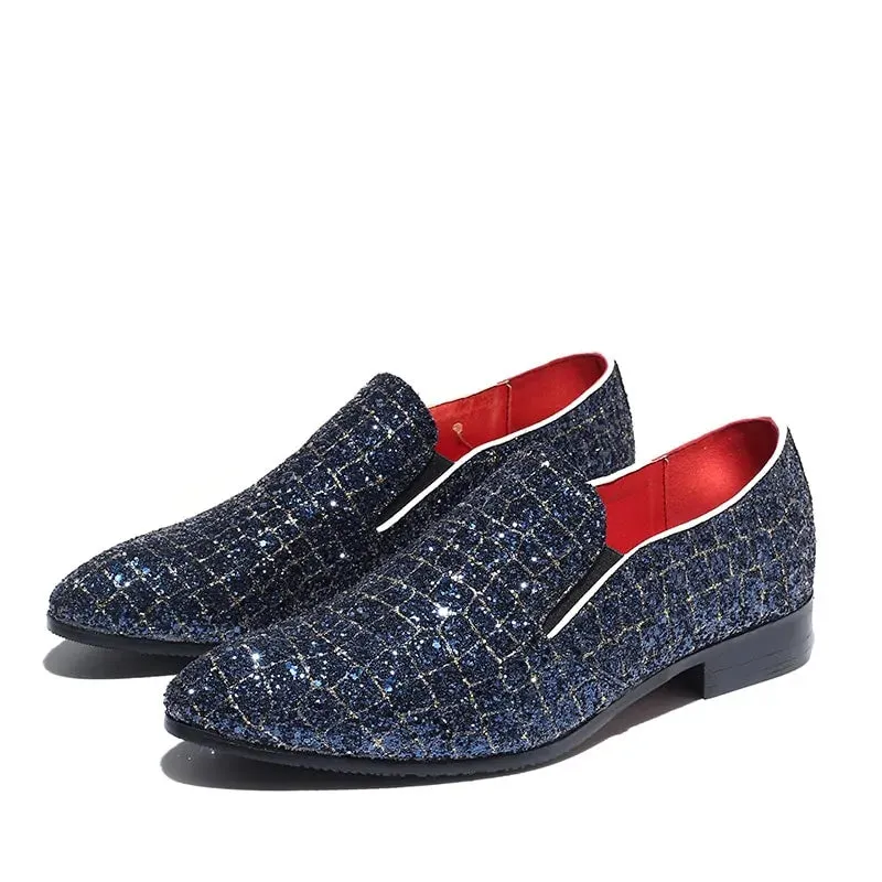 Fashion Grids Pattern Leather Loafers Shining Sequins