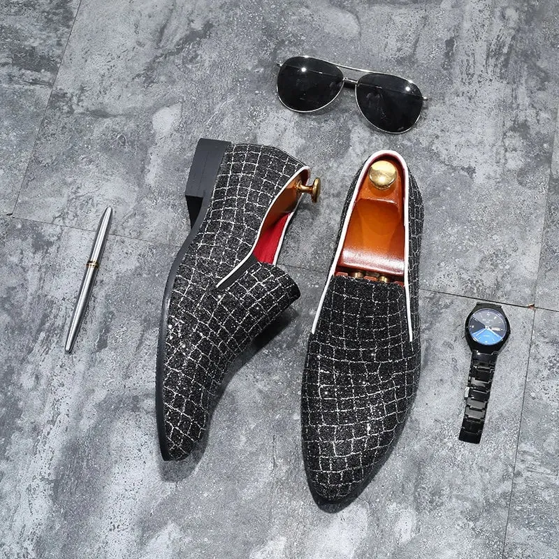 Fashion Grids Pattern Leather Loafers Shining Sequins