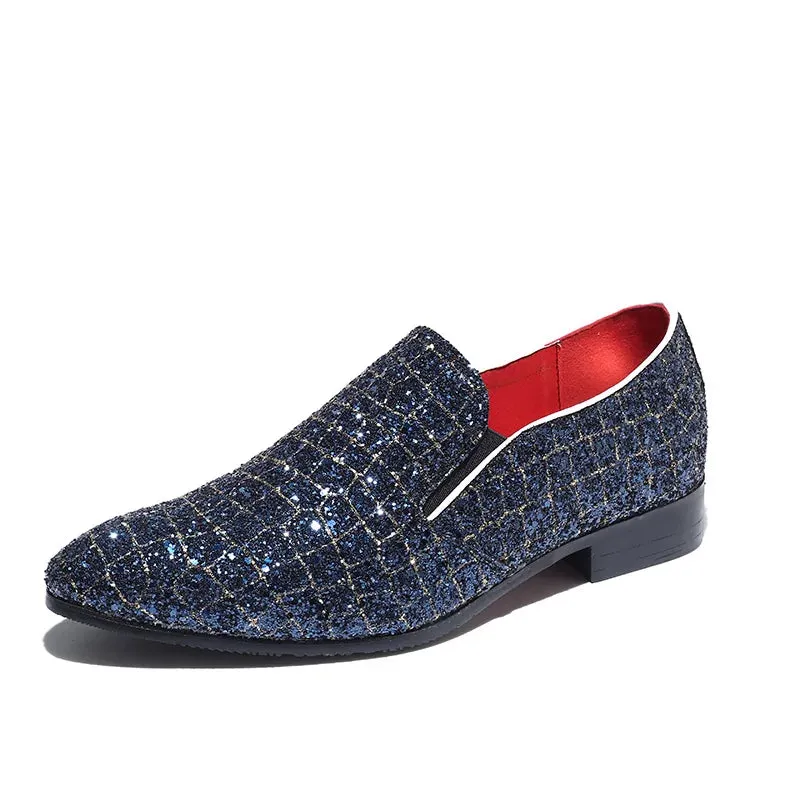 Fashion Grids Pattern Leather Loafers Shining Sequins