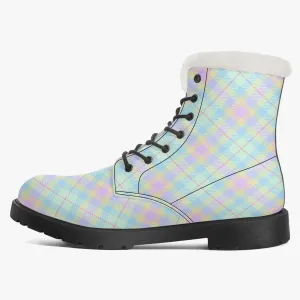 Faux Fur Leather Boots Pastel Plaid