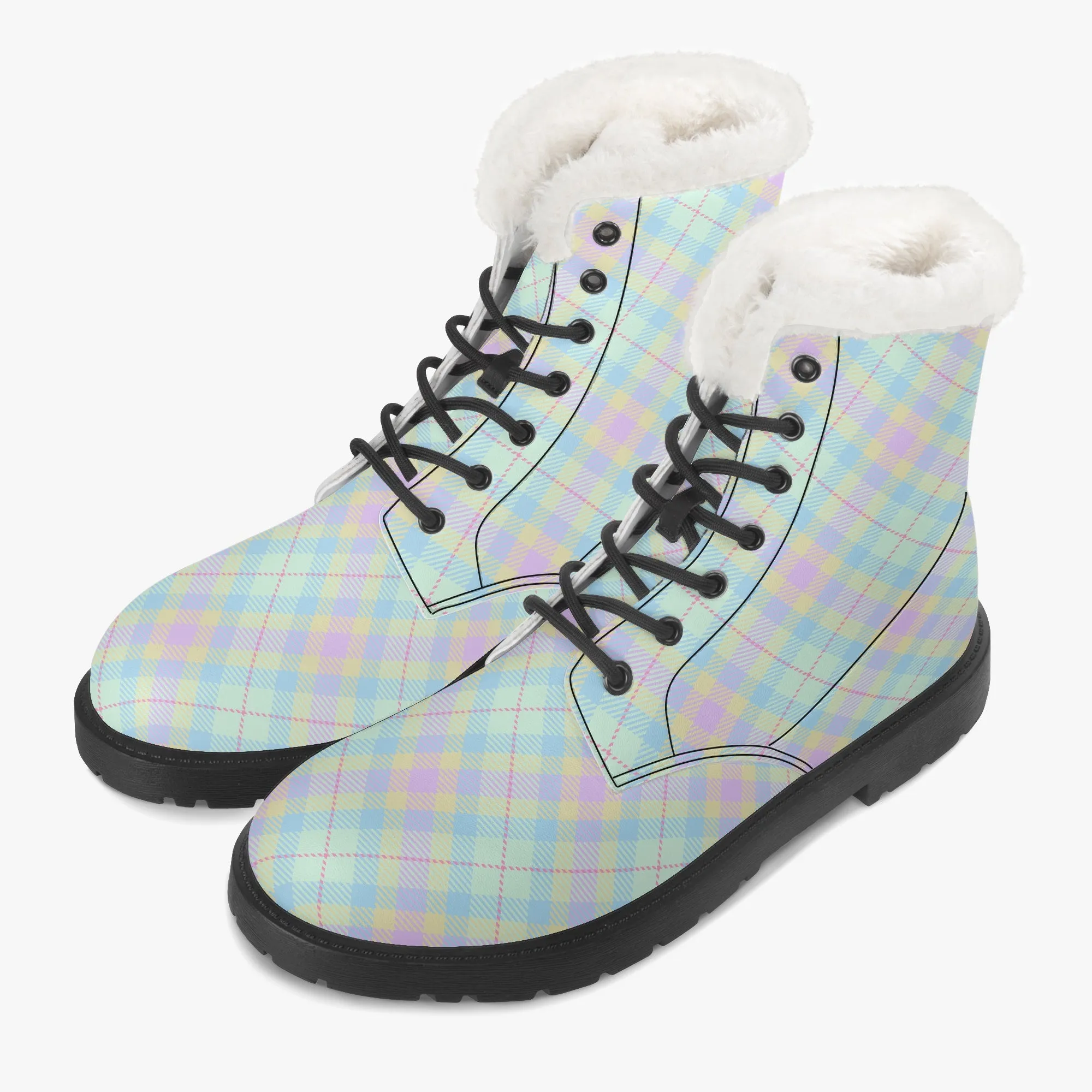 Faux Fur Leather Boots Pastel Plaid