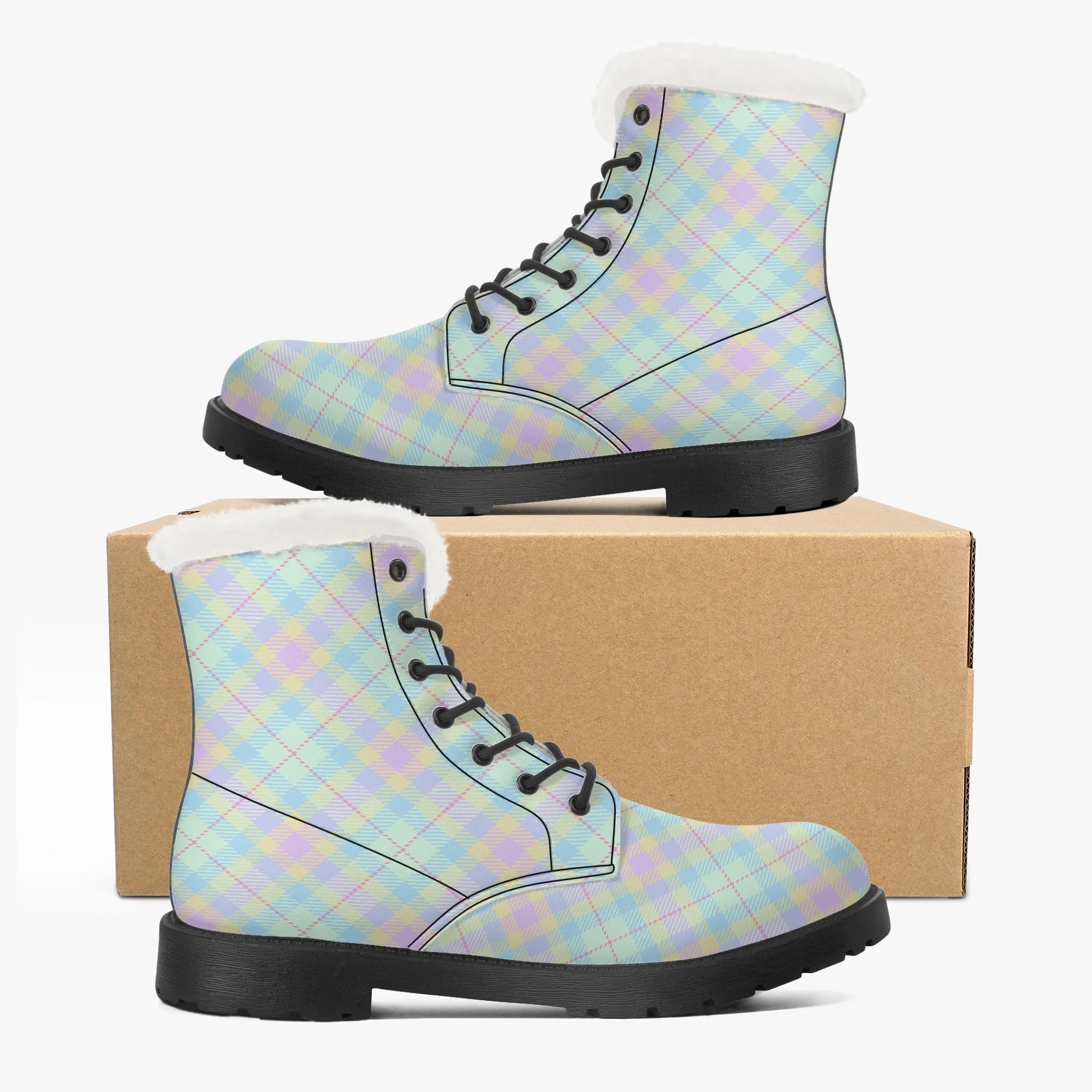 Faux Fur Leather Boots Pastel Plaid