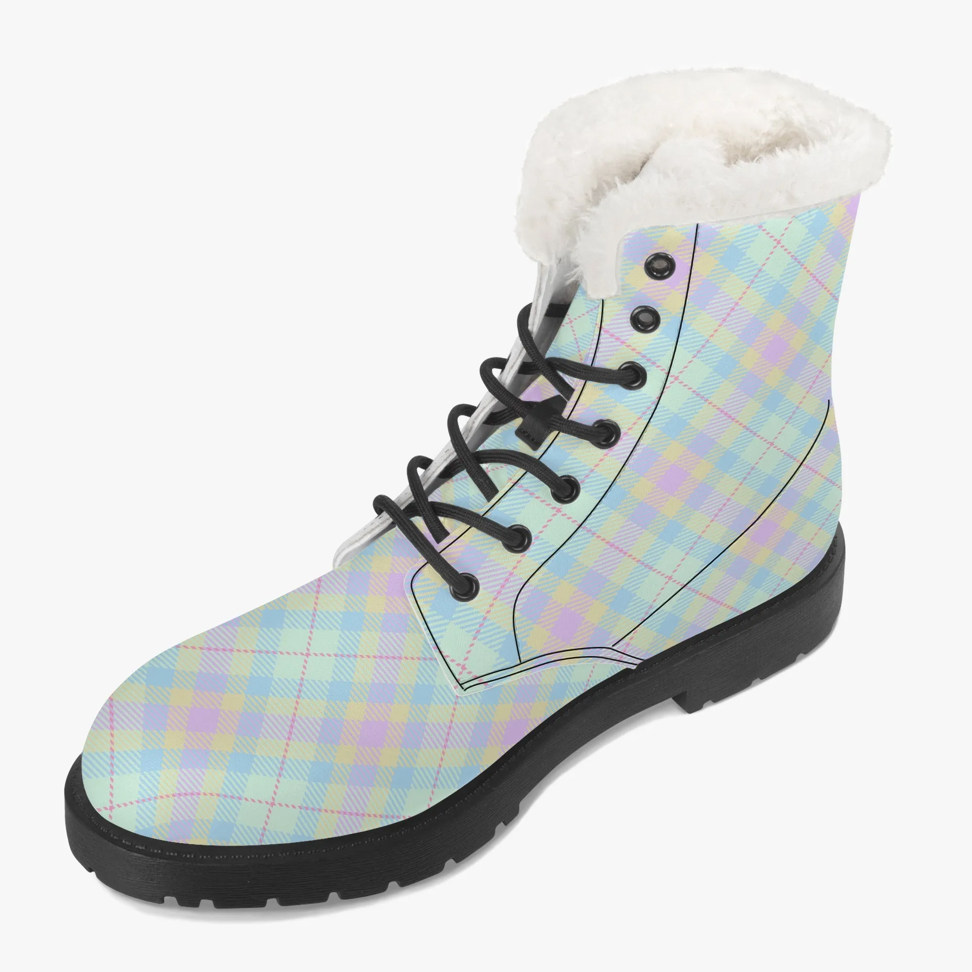 Faux Fur Leather Boots Pastel Plaid