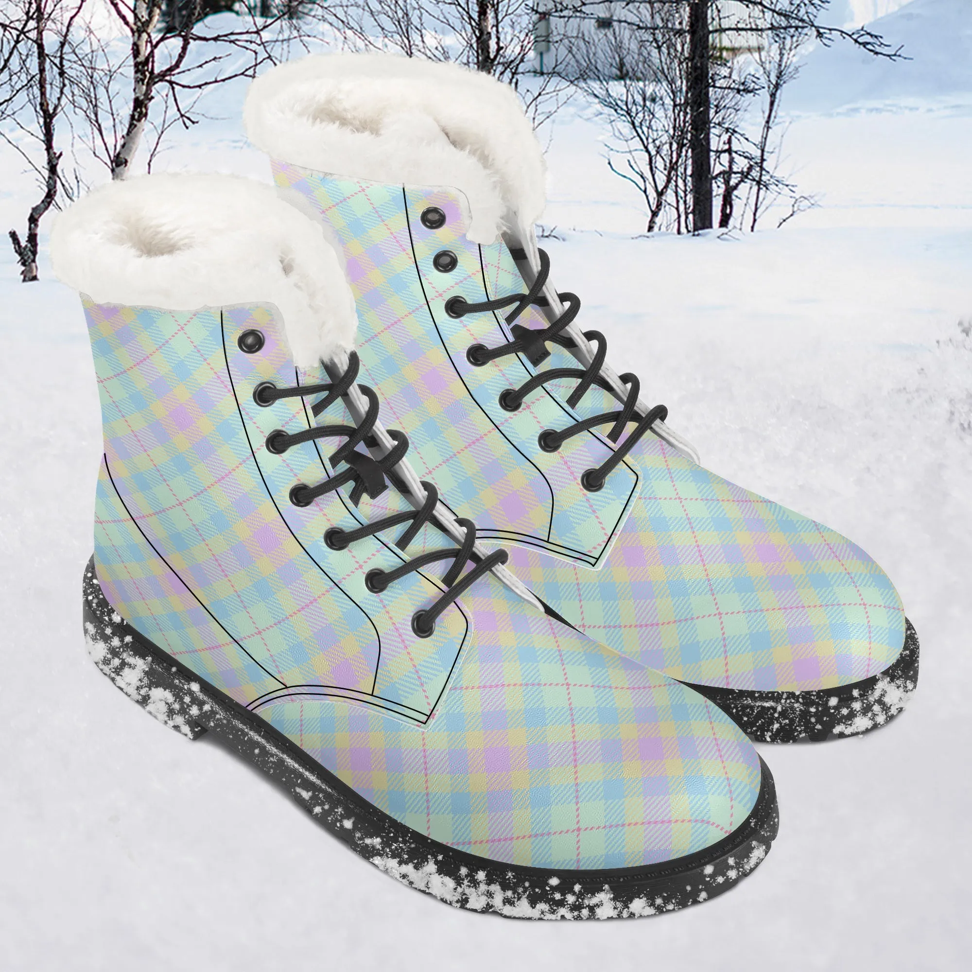 Faux Fur Leather Boots Pastel Plaid