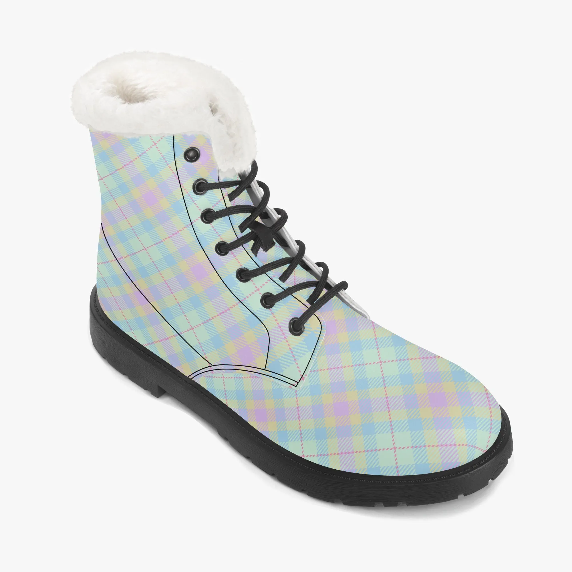 Faux Fur Leather Boots Pastel Plaid