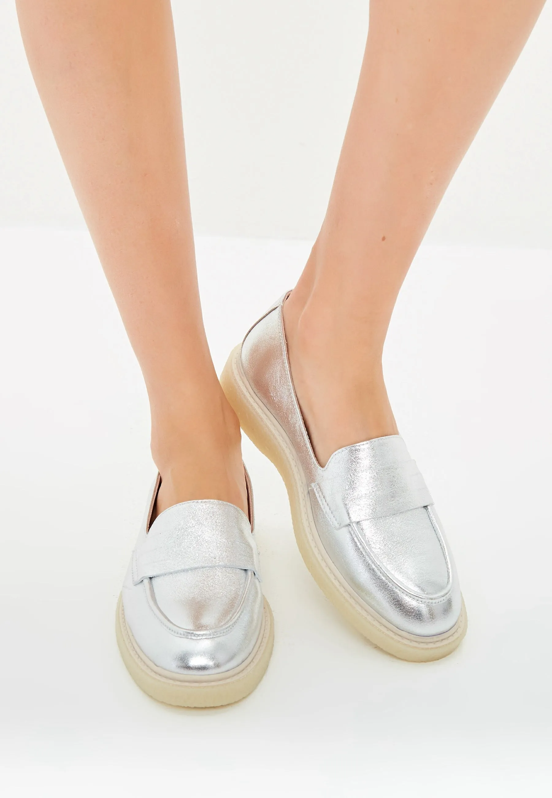 Flat Sole Loafers - Silver