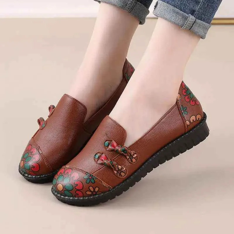 Flower Flat Women's Casual Shoes GCSK51Leather Loafers Chinese Style