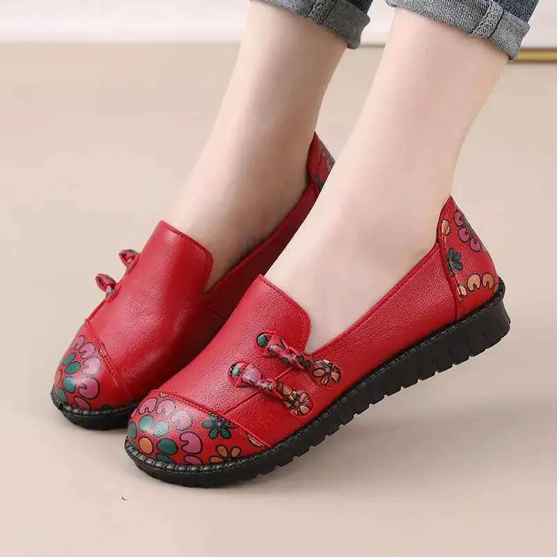 Flower Flat Women's Casual Shoes GCSK51Leather Loafers Chinese Style