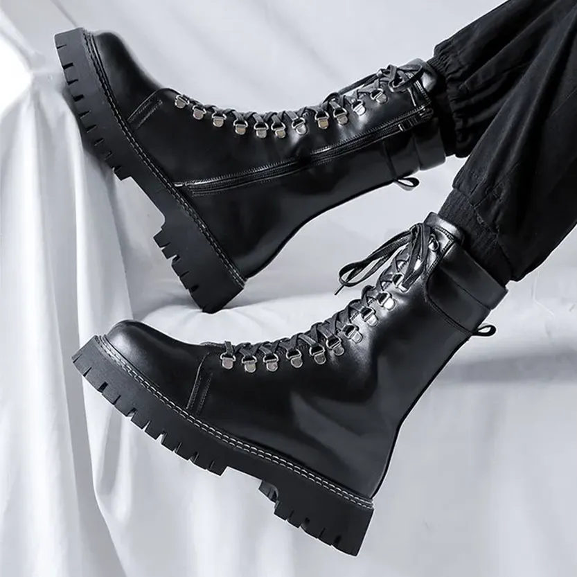 Funki Buys | Boots | Men's Goth Lace Up Mid-Calf Combat Boots