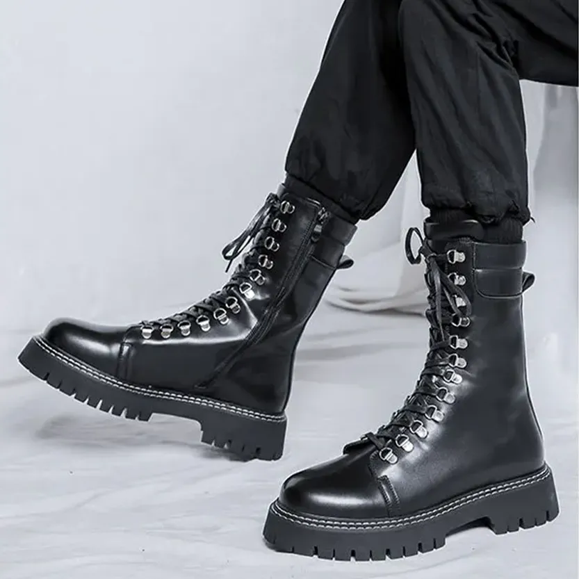 Funki Buys | Boots | Men's Goth Lace Up Mid-Calf Combat Boots