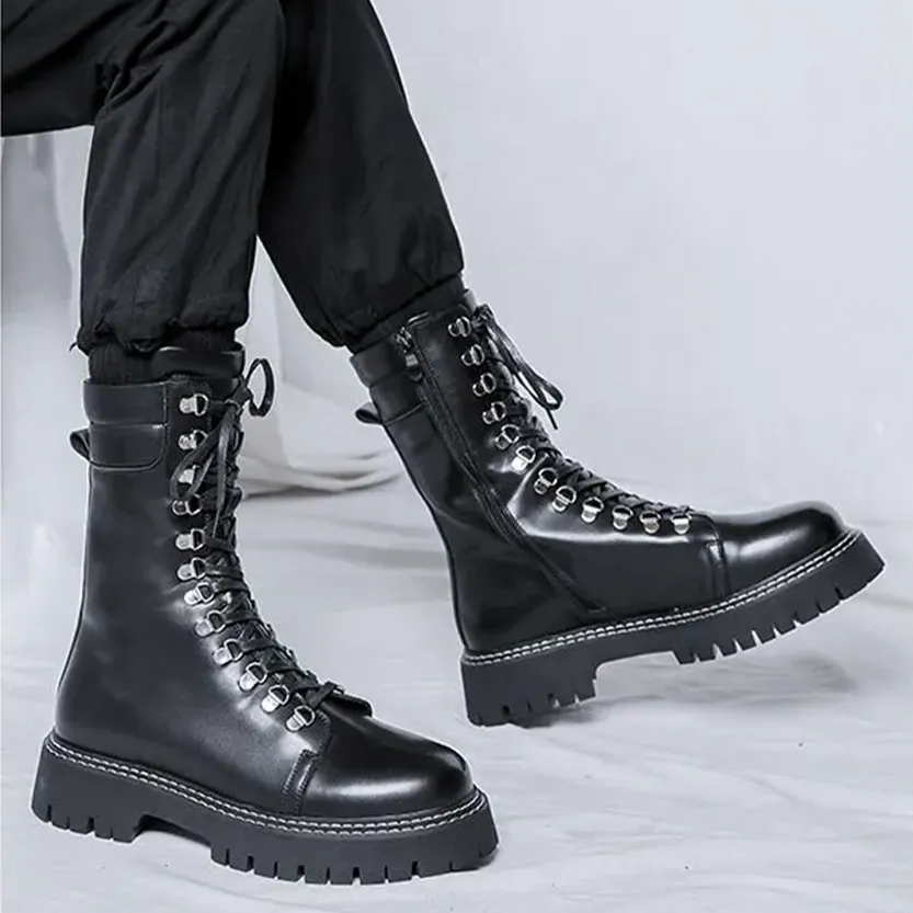 Funki Buys | Boots | Men's Goth Lace Up Mid-Calf Combat Boots