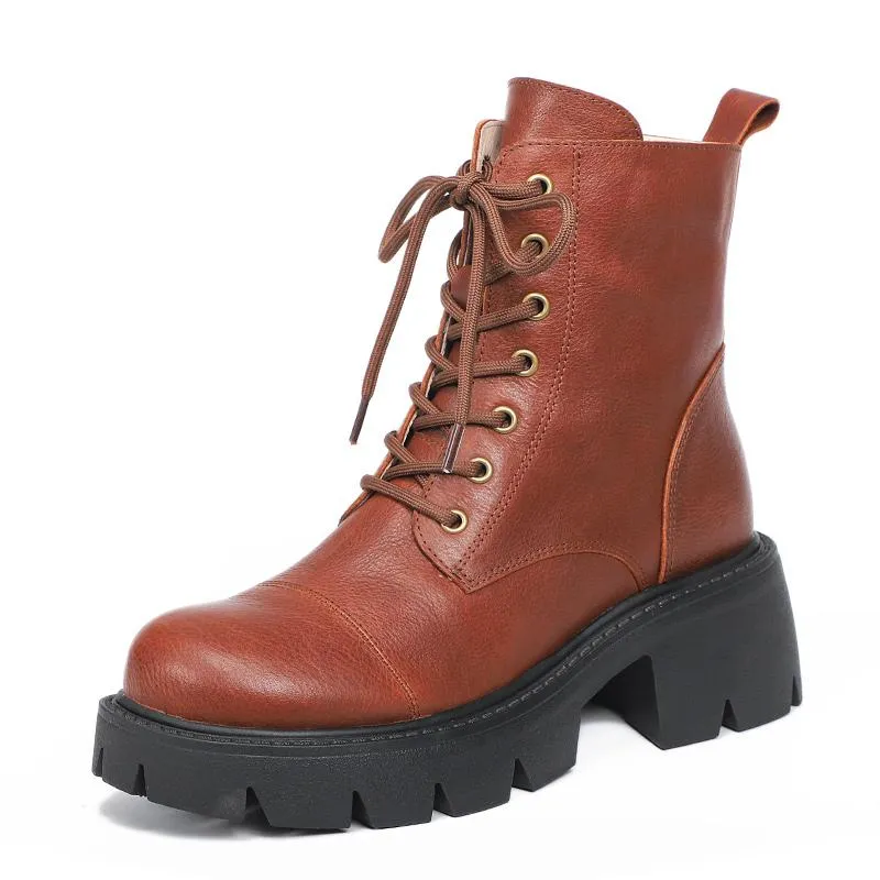 Genuine Leather Martin Boots Lace-Up Combat Boots Retro Chunky Ankle Boots