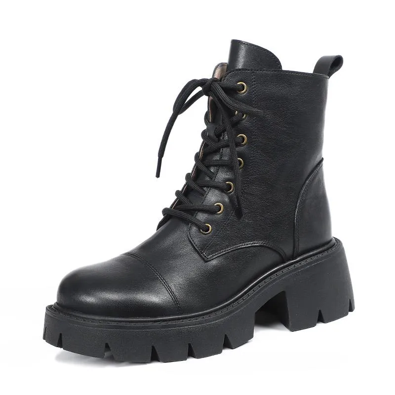 Genuine Leather Martin Boots Lace-Up Combat Boots Retro Chunky Ankle Boots