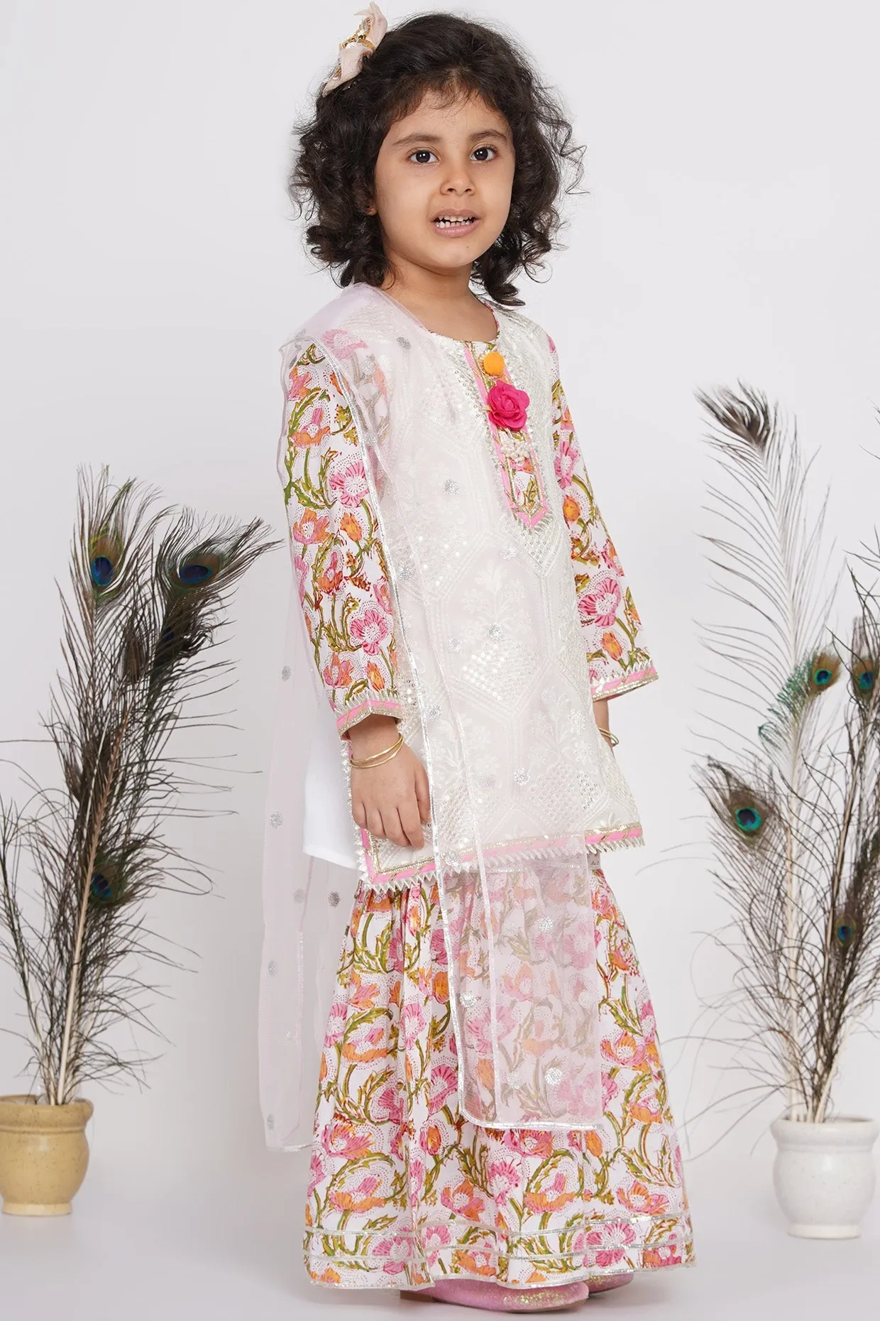 Girl's Cotton Floral Parsi Floral Work Kurta With Floral Sharara And Dupatta - White  - Little Bansi Girls