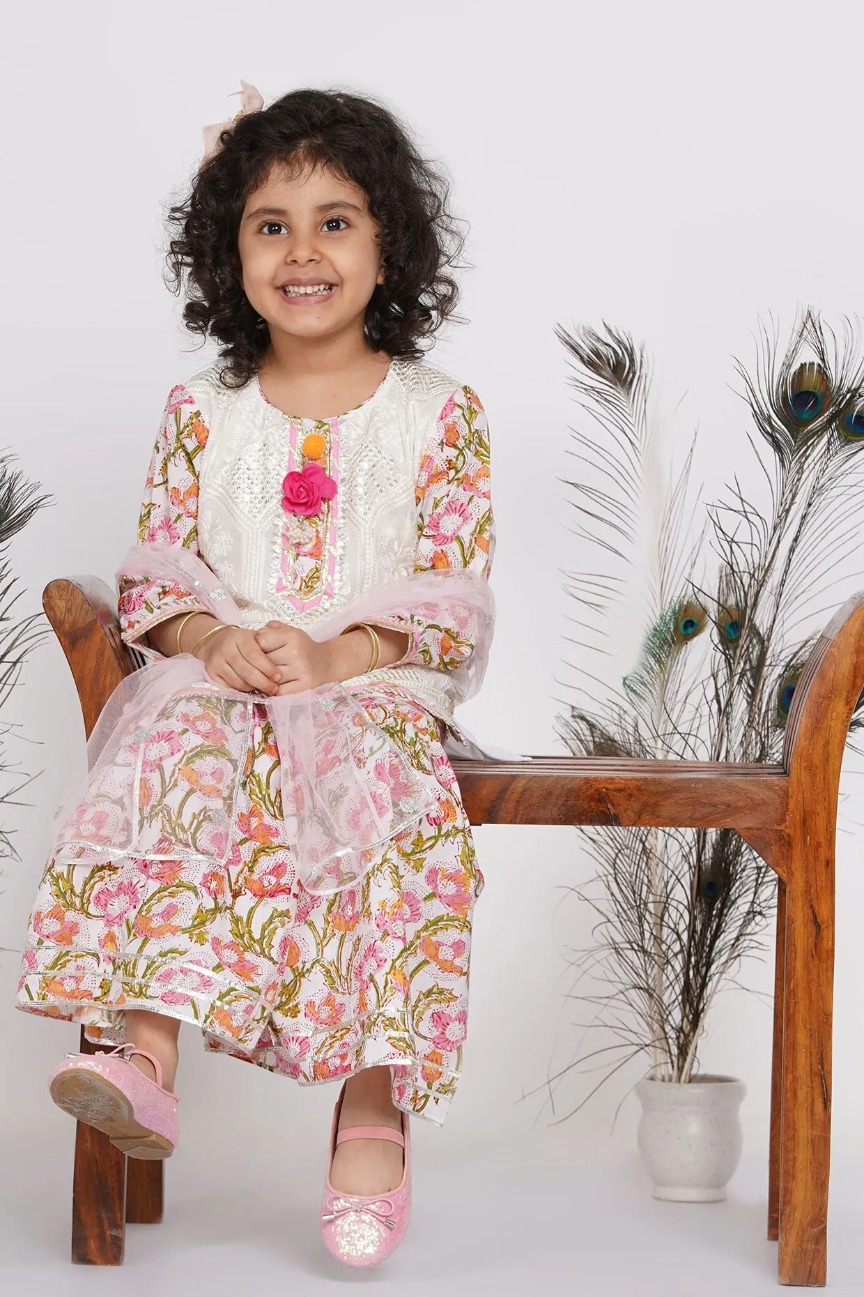 Girl's Cotton Floral Parsi Floral Work Kurta With Floral Sharara And Dupatta - White  - Little Bansi Girls