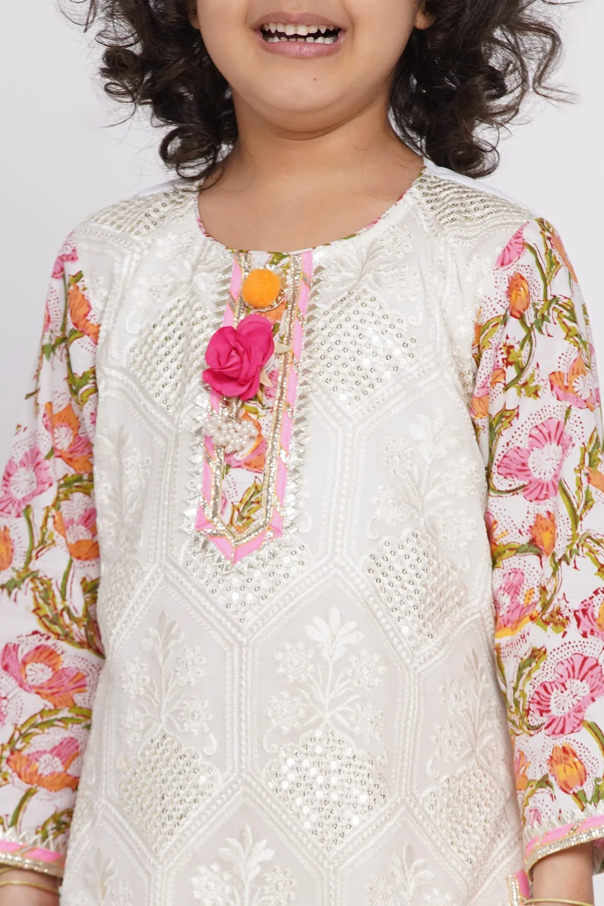 Girl's Cotton Floral Parsi Floral Work Kurta With Floral Sharara And Dupatta - White  - Little Bansi Girls