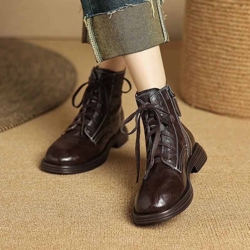 Handmade Lambskin Classic Low-Heel Martin Boots in Black/Brown for Autumn/Winter