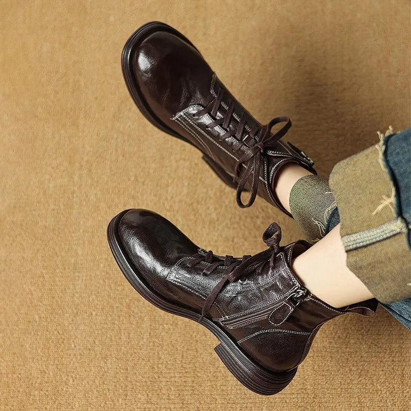 Handmade Lambskin Classic Low-Heel Martin Boots in Black/Brown for Autumn/Winter