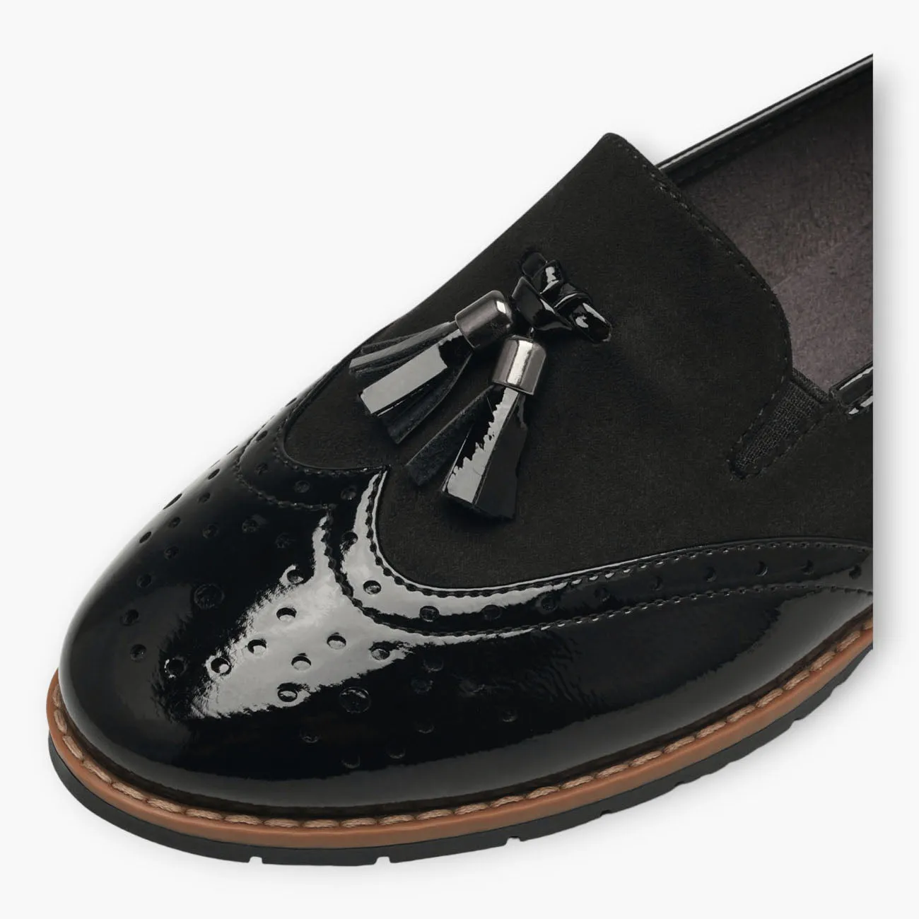 Jana Black Wide Fit Patent Brogue Detail Slip-On Loafers