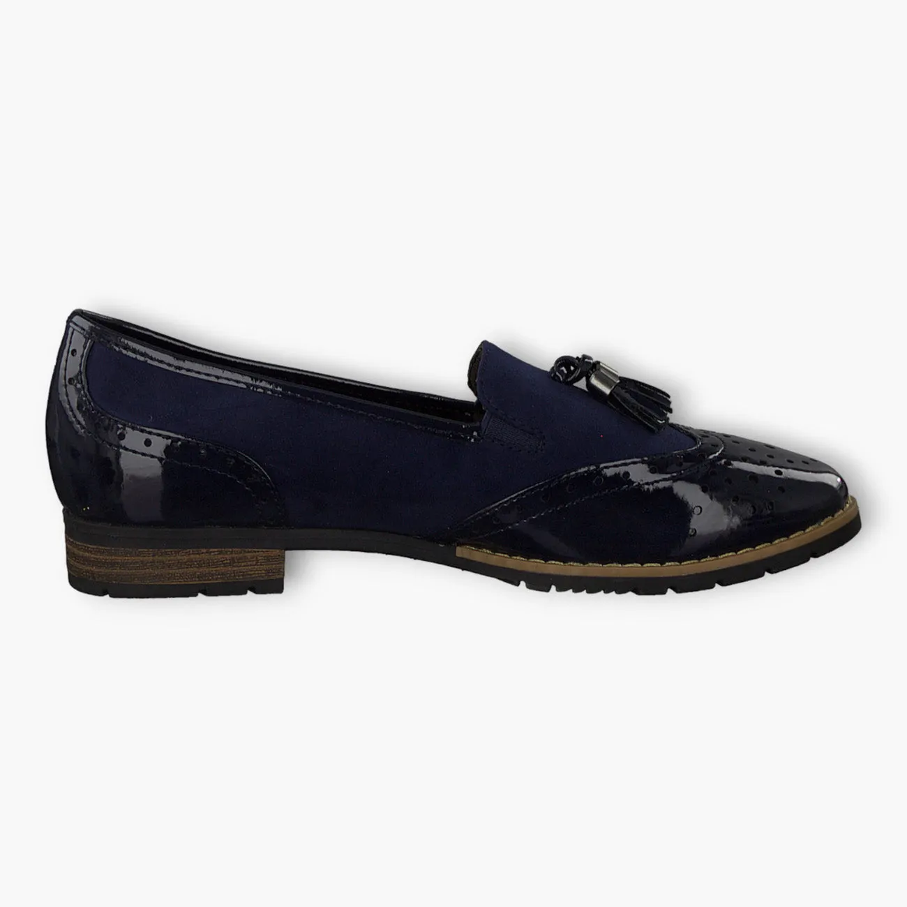 Jana Navy Brogue-Style Slip-On Loafers with Brown Side Sole