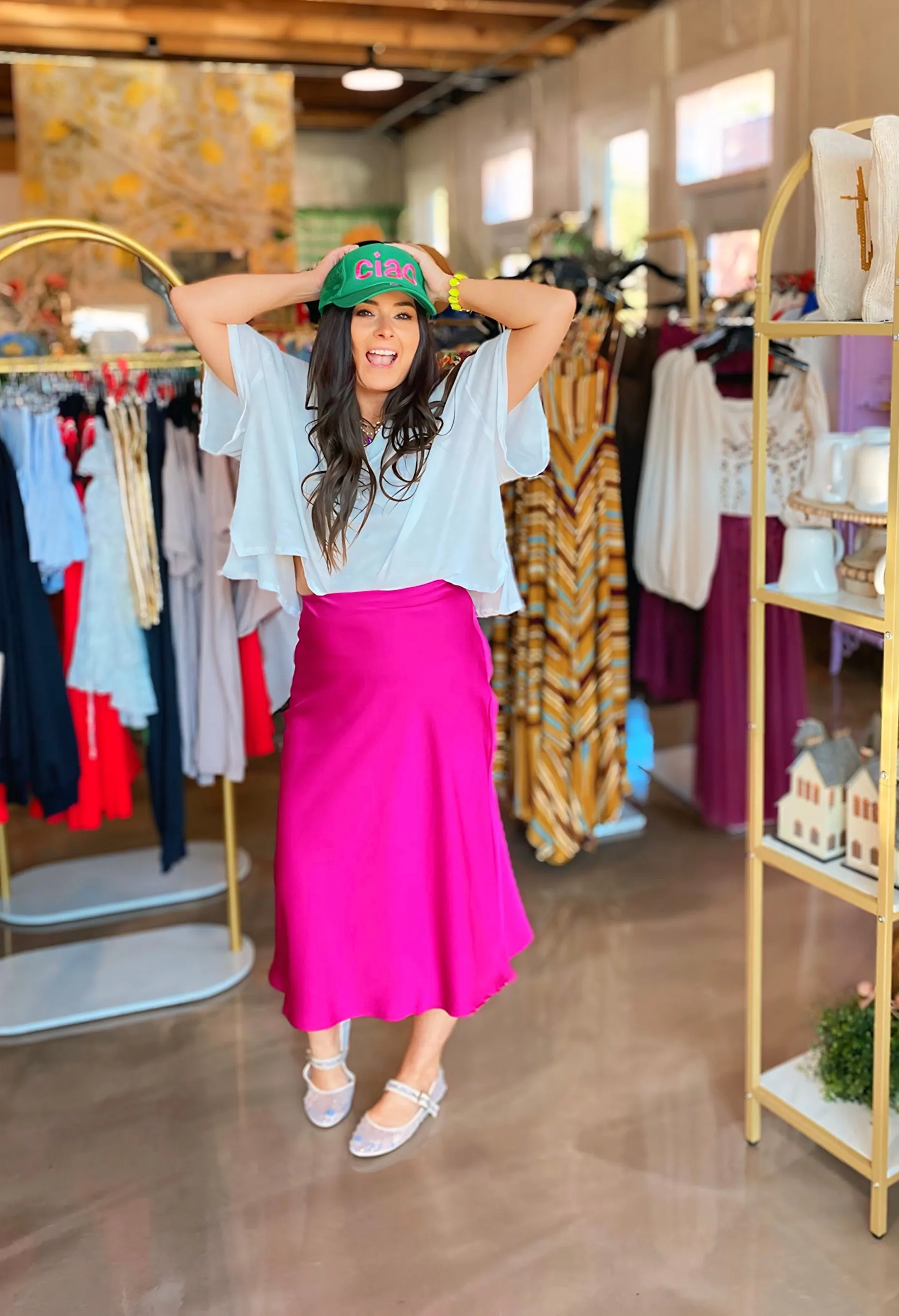 Magenta Satin Midi Skirt