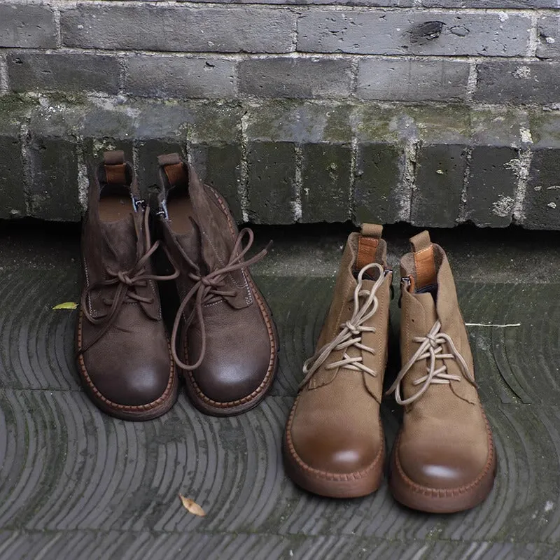 Martin Boots For Women Handmade Lace-Up Leather Ankle Booties in Khaki/Coffee