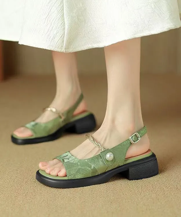 New Chinese Style Green Chunky Heel Retro Sandals Peep Toe KJ066