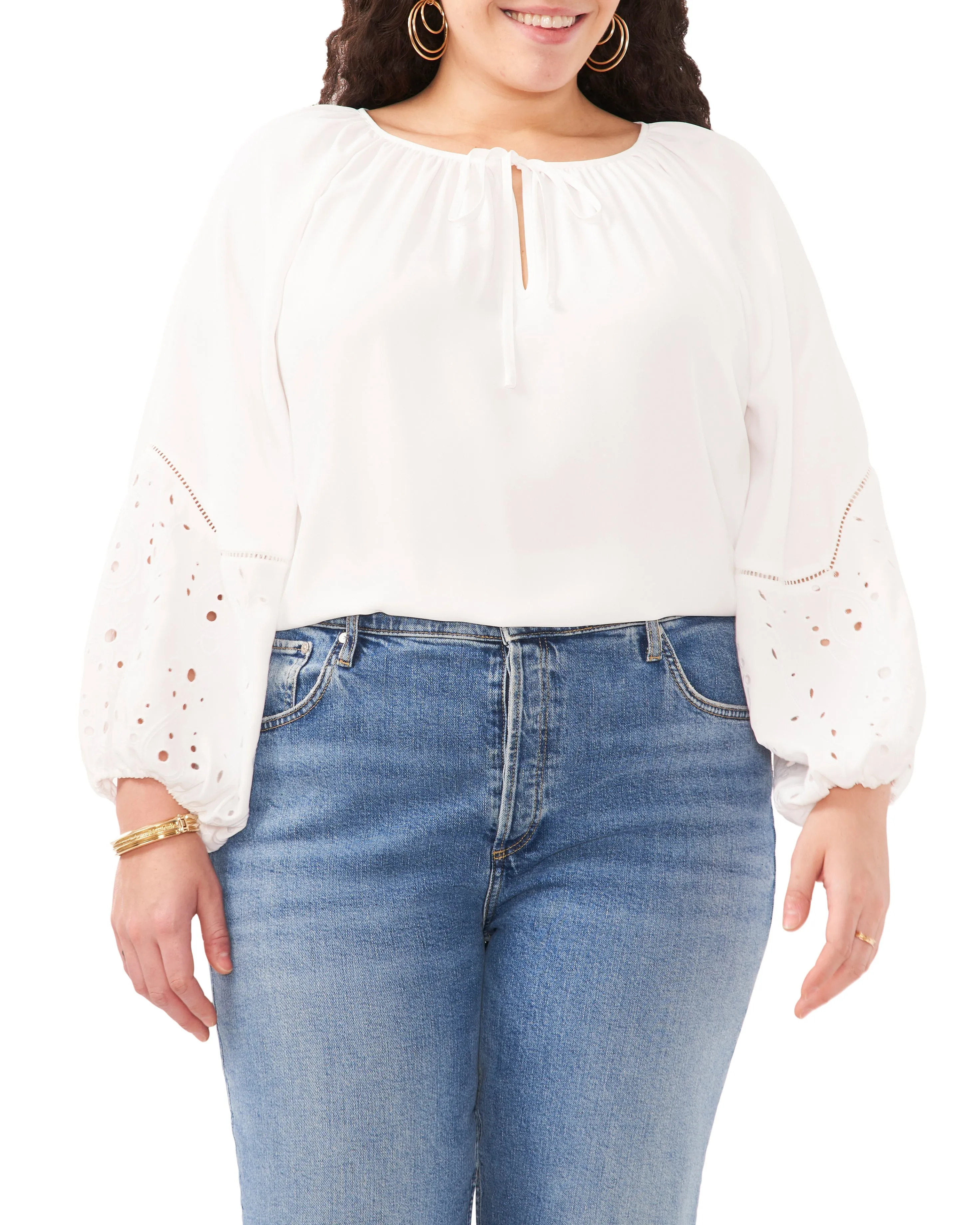 Plus-Size Embroidered-Sleeve Split Neck Blouse